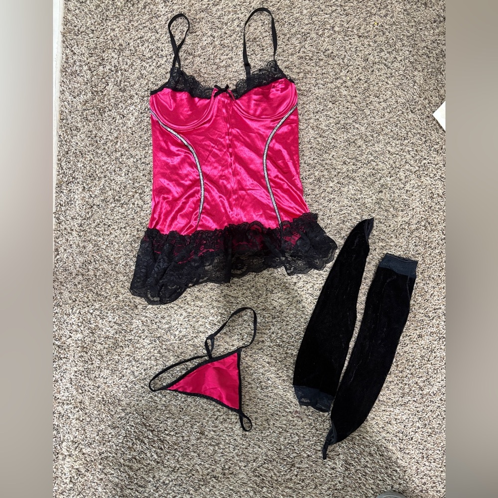 Women's Fuchsia Satin Lace Chemise Set with Black Lace Trim